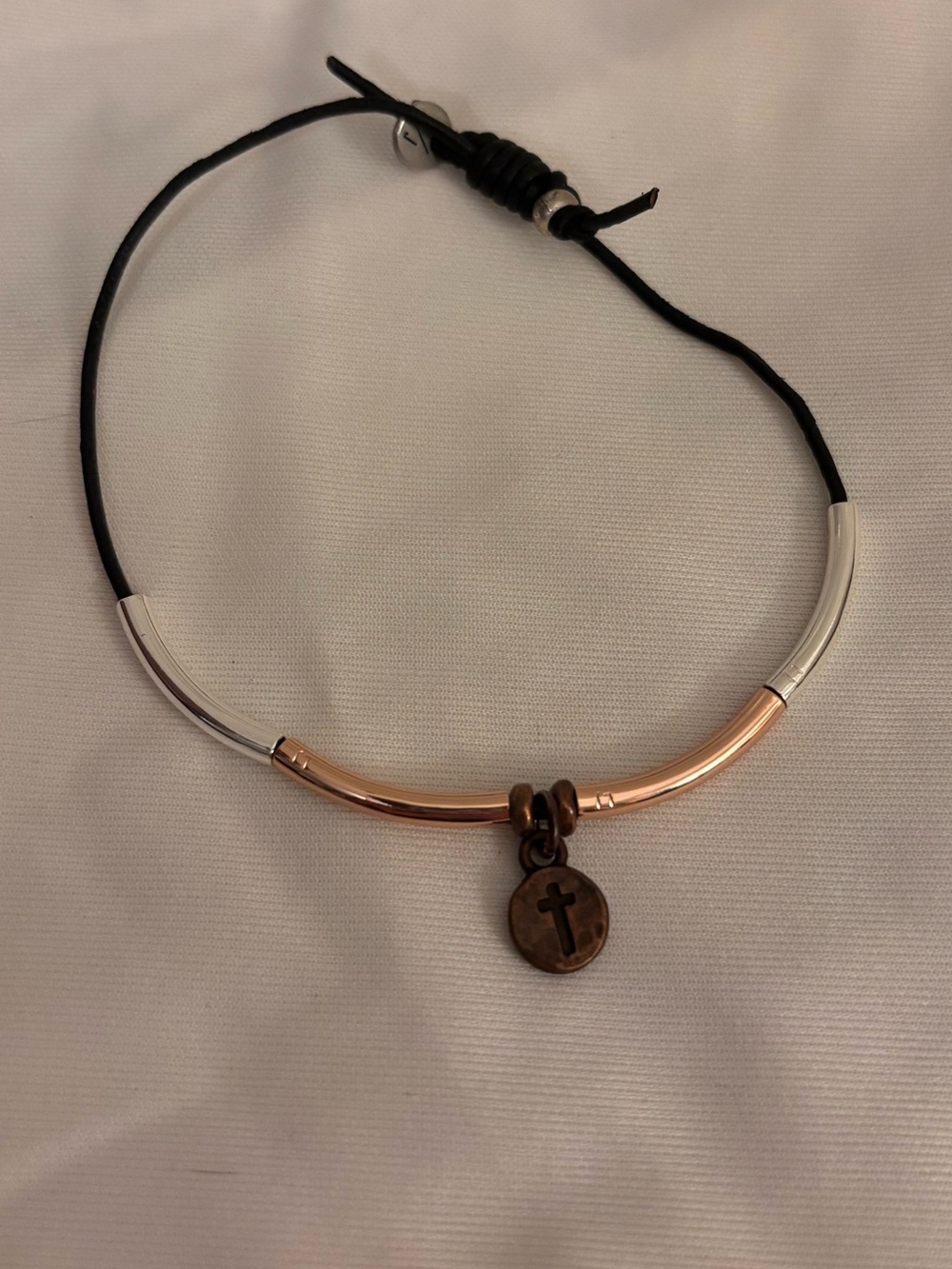 Mixed Metal Cross Cord Bracelet in Rose Gold & Silver